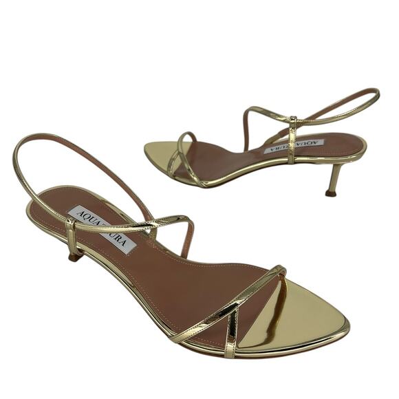 Aquazzura Tease Soft Gold Leather Kitten Heel Sandals Size 38.5 - Picture 3 of 15